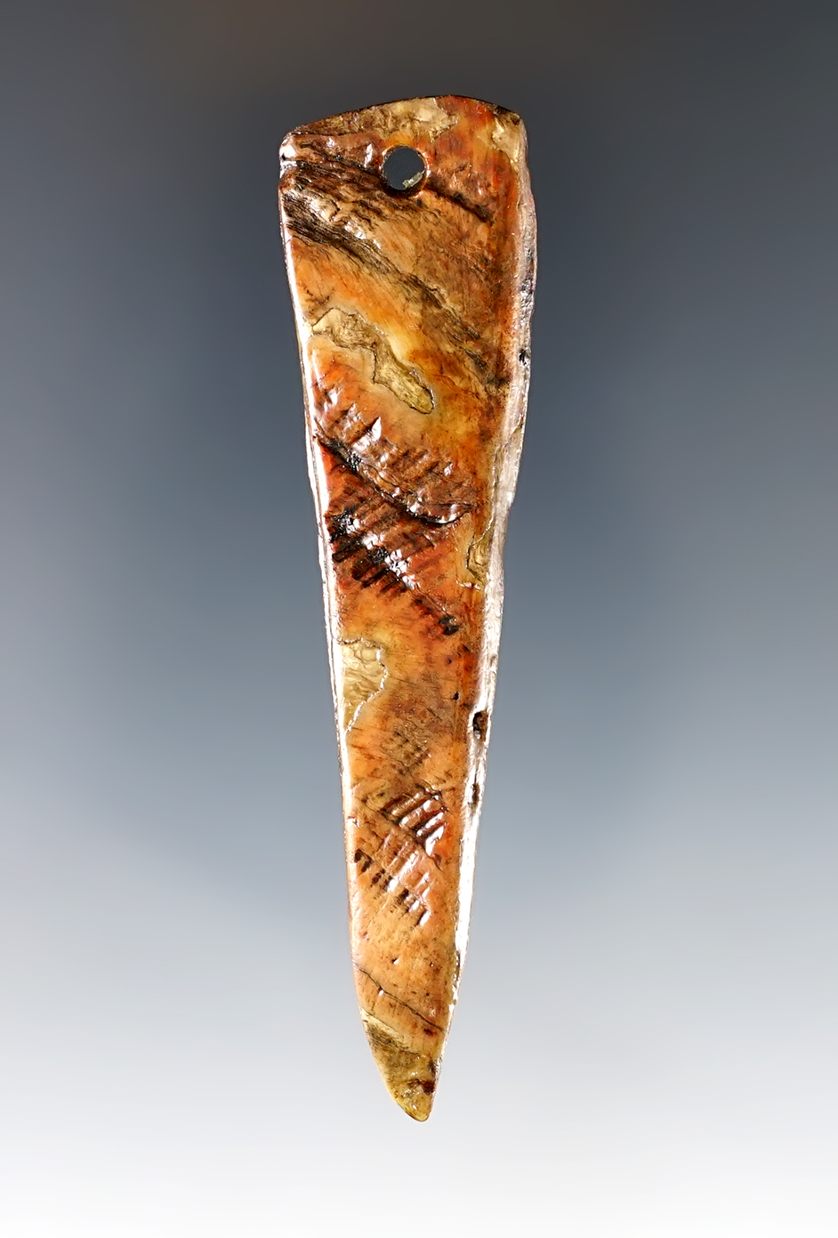 Large 3 1/4" Triangular Shell Pendant.  Recovered in Colusa Co., California. Ex. Chris Ehrke. 