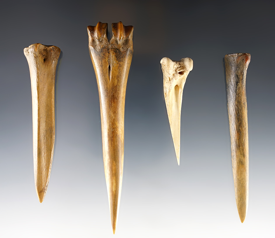 Set of four bone Awls , largest is 5". Recovered in Colusa Co., California. Ex. Chris Ehrke. 