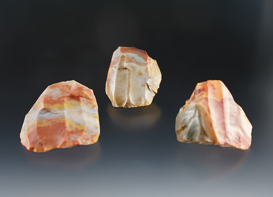 Set of 3 highly colorful Cores made from Flint Ridge Flint. Found in Perry Co., Ohio.