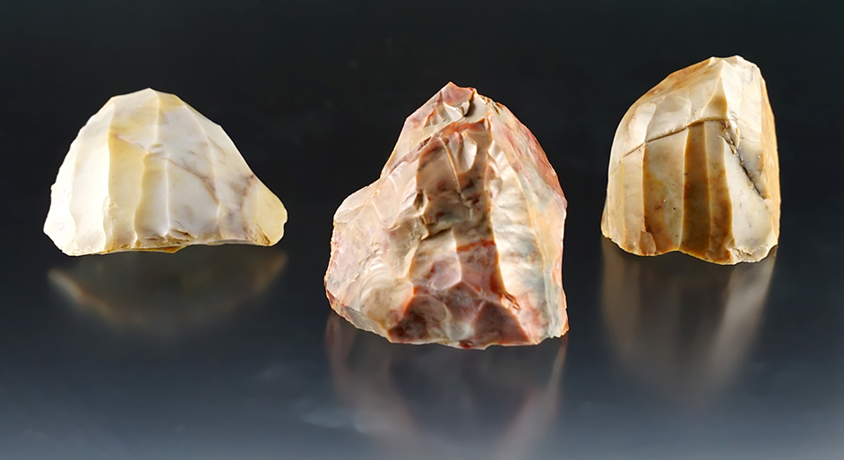 Set of 3 larger Cores made from colorful Flint Ridge Flint. All were found in Ohio. The largest is 2".