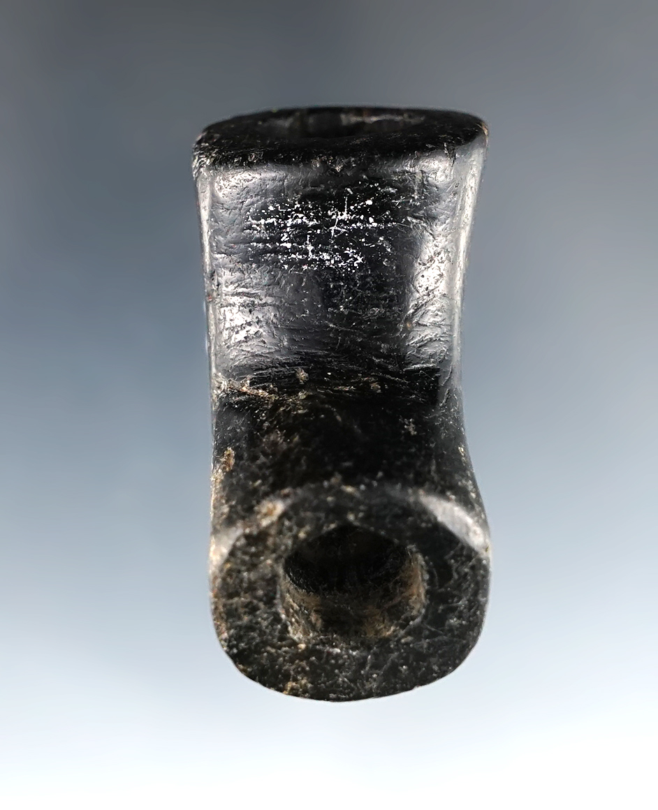 1 3/4" x 1 1/2" tall black Steatite Elbow Pipe. Found in Scioto Co., Ohio.