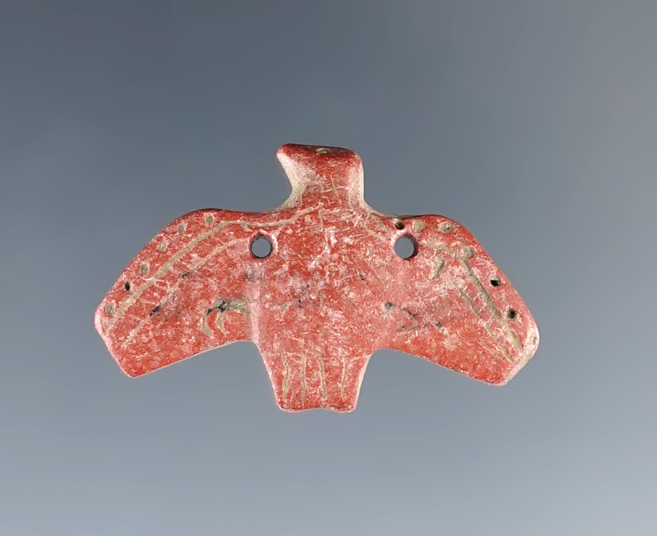 Excellent detail! Rare two-hole red Catlinite engraved Bird Effigy Pendant - Townley-Read Site, NY. 