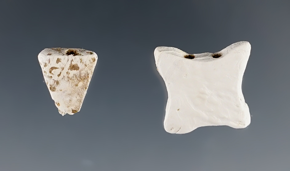 3/4" Double Drilled Shell Runtee and a 1/2" shell bead. Great Gully Site, New York.