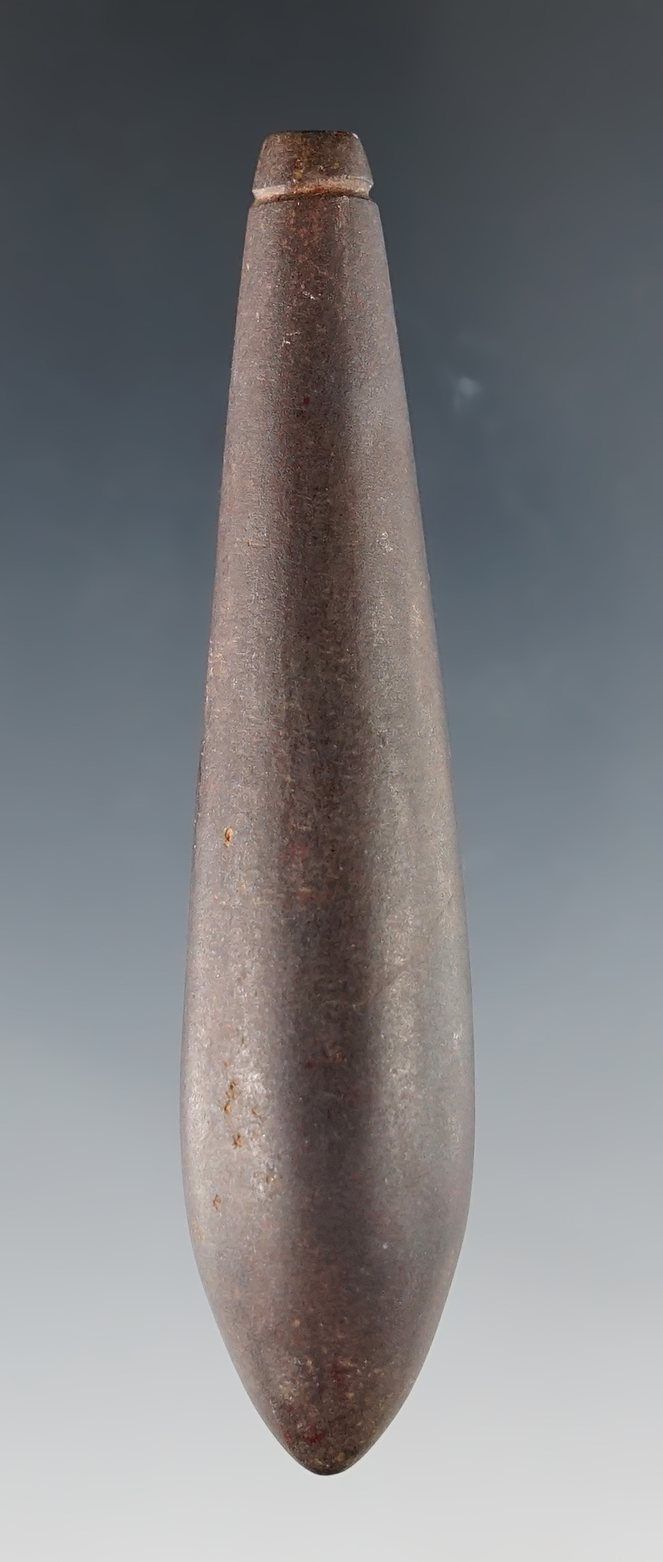 3 1/8" extremely fine and thin symmetrical Plummet made of Hematite. Found in Illinois.