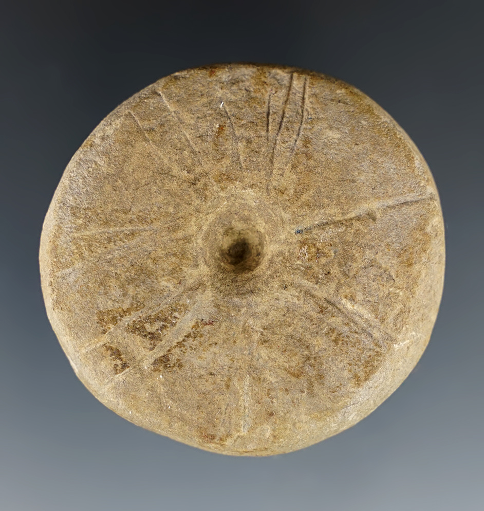 2" diameter Sandstone Discoidal engraved on both sides. Found in Scioto Co., Ohio.