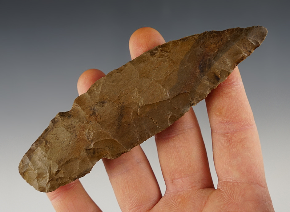 Uniquely styled 4 13/16" Sidenotch Lanceolate Knife with nicely ground base found in Colorado.