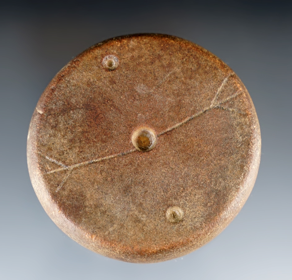 2 1/2" Mississippian Discoidal with turkey track etchings and punctate design.