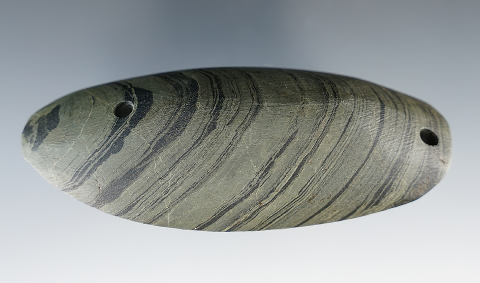 3 7/8" Rare Glacial Kame Ridged Gorget. Made from banded Slate, Michigan.