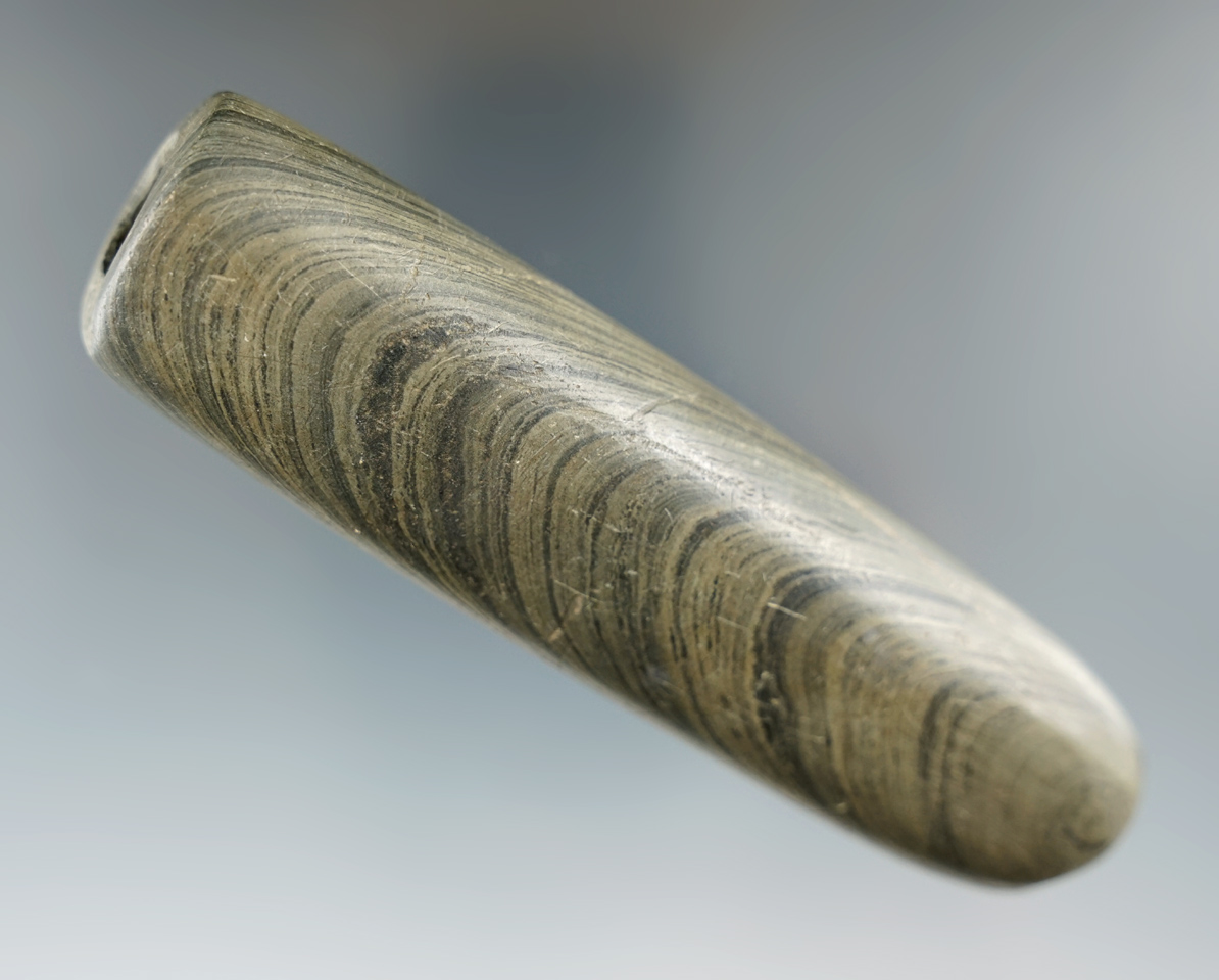 4 3/16" Tube Bannerstone made from banded glacial slate found in Indiana.
