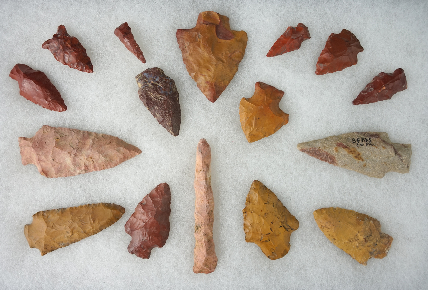 Frame of 16 assorted Pennsylvania points and knives, many are Jasper.