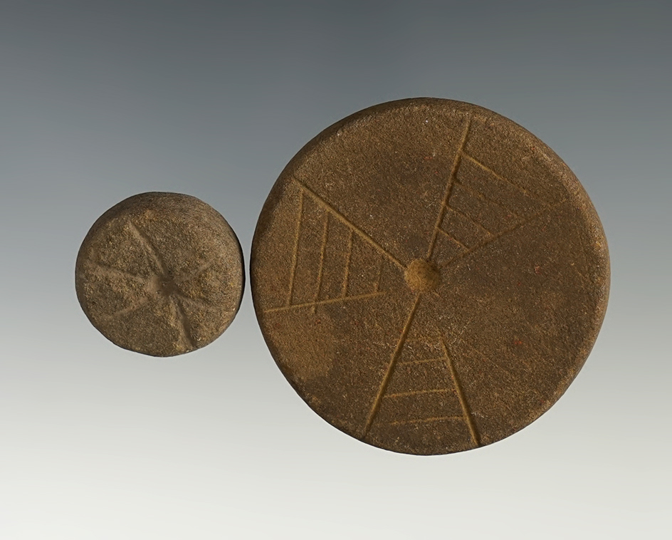 Pair of Engraved Ft. Ancient Discs found in the Kentucky/Tennessee area. The largest is 1 7/8".