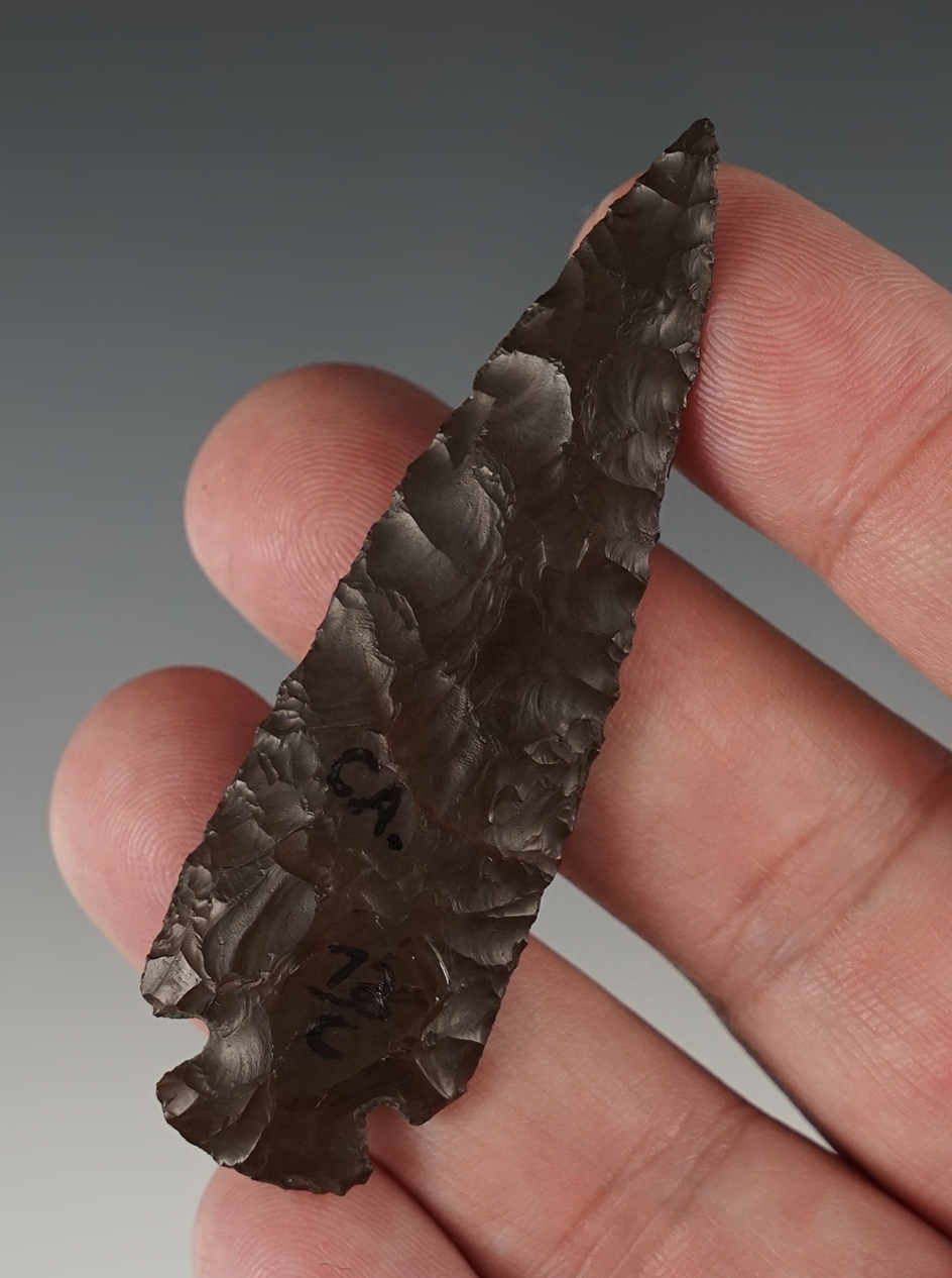 Superb 2 13/16"  Rose Springs Corner Notch found in the 1950's in California. Stermer COA.