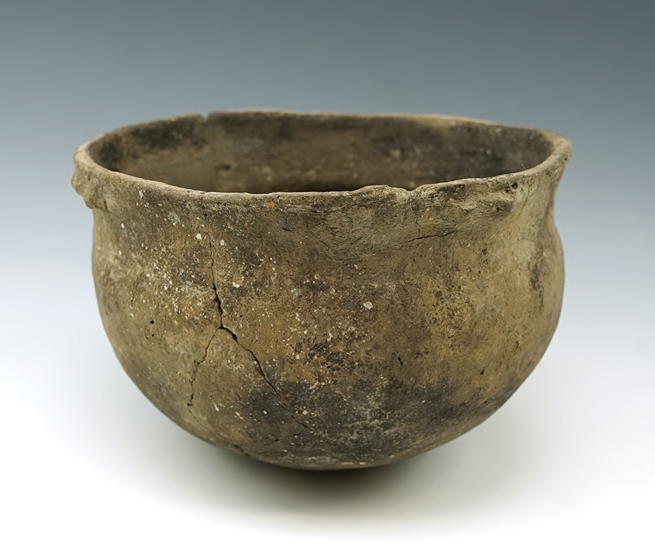 5" wide Mississippian Pottery Vessel with 3 pieces reattached. Found in Arkansas.