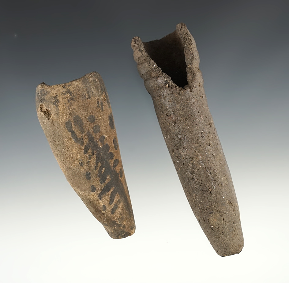 Pair of damaged pipes made from clay. Found in New Mexico. Largest is 4 1/2".