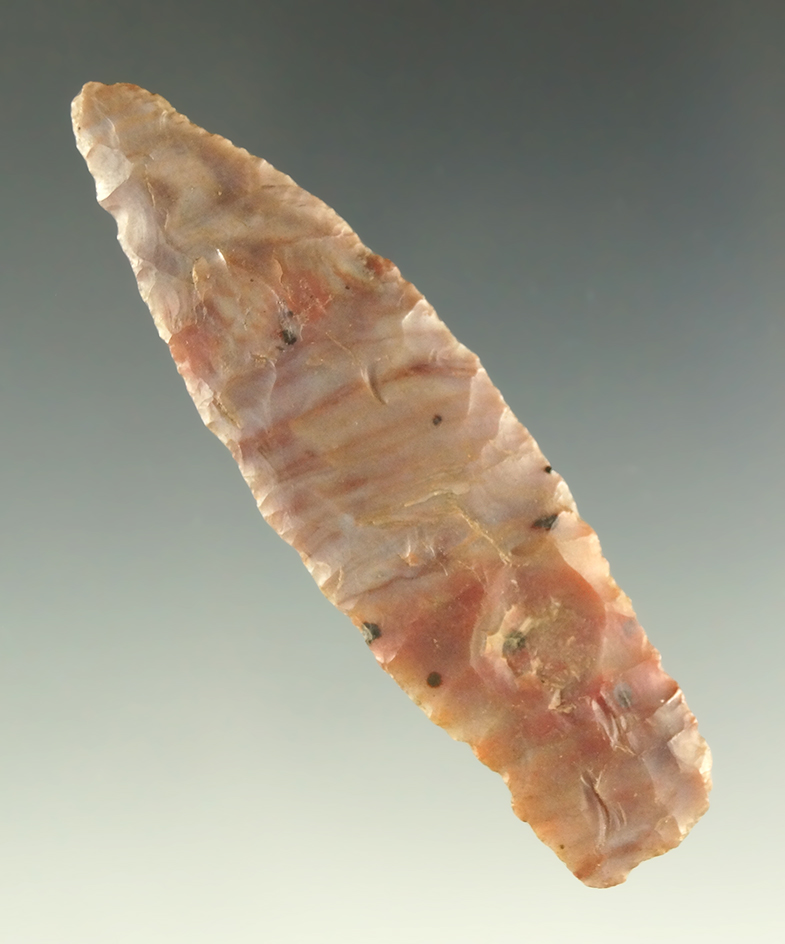 2 5/8" Alibates Flint Angostura found in Colorado. One fire pop on Reverse side.