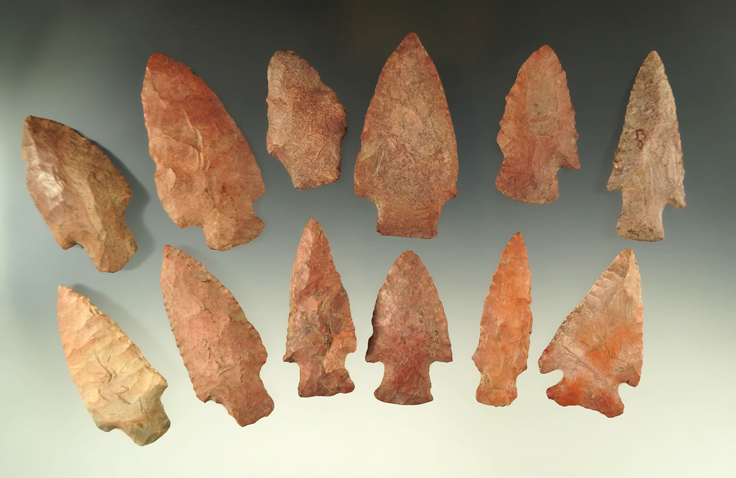 Set of 12 colorful arrowheads found in Mississippi, largest is 2 1/2".