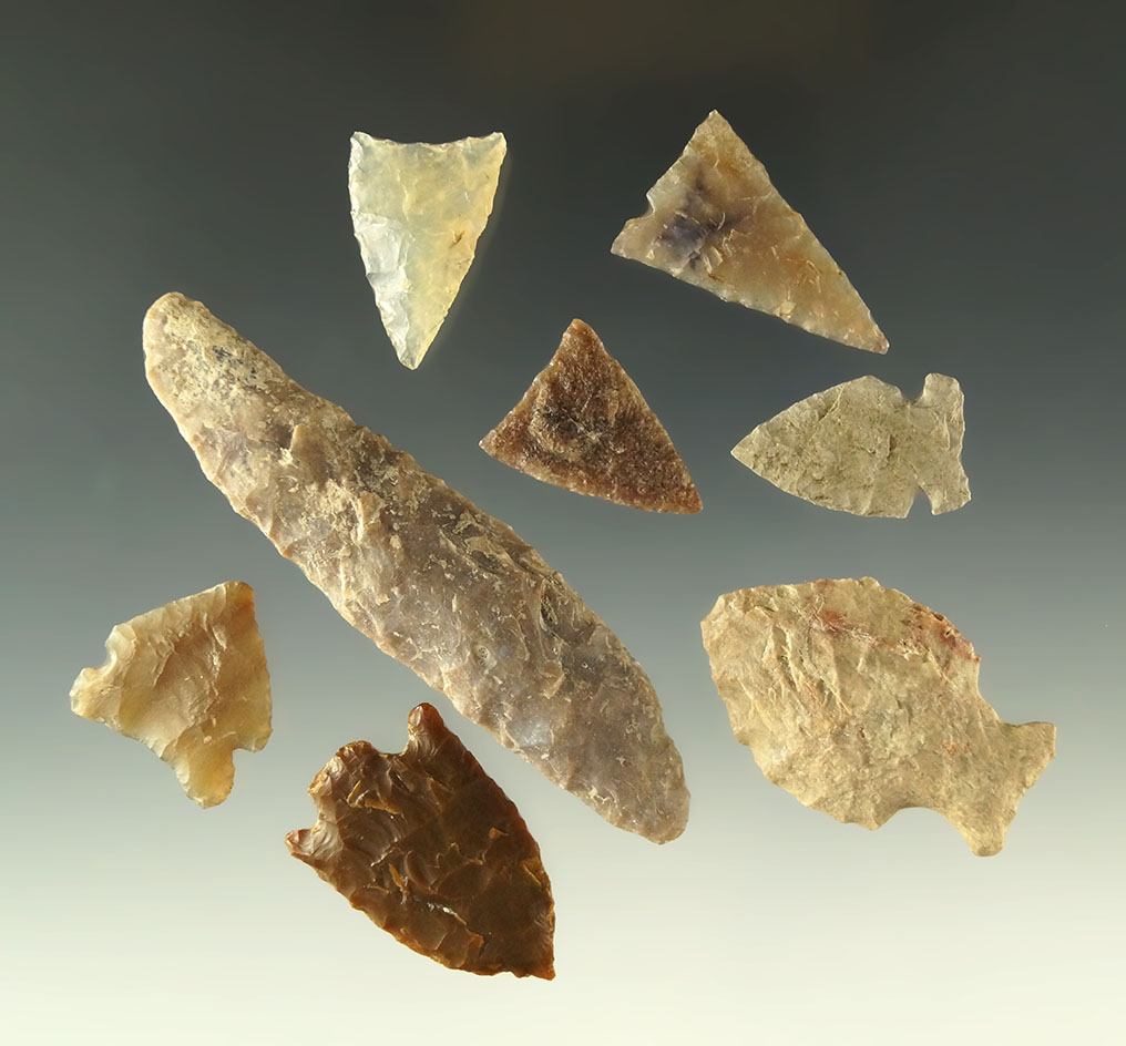 Set of eight assorted arrowheads and knives found in North Dakota, largest is 2 7/8".