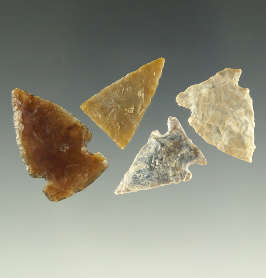 Set of four arrowheads found in South Dakota, three are Knife River Flint. Largest is 1 1/16".