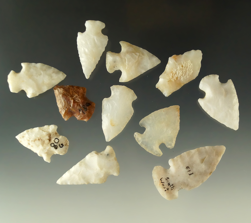Group of 11 assorted New Mexico arrowheads, largest is 1 3/8".
