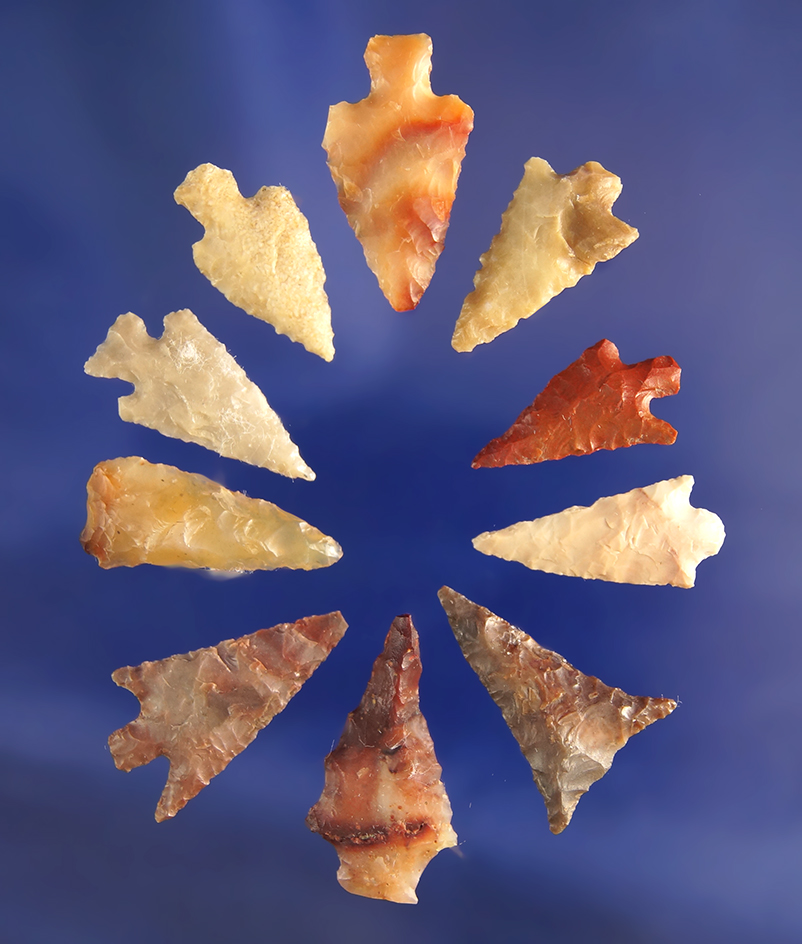 Set of 10 assorted Columbia River Gempoints found in Washington, largest is 7/8".