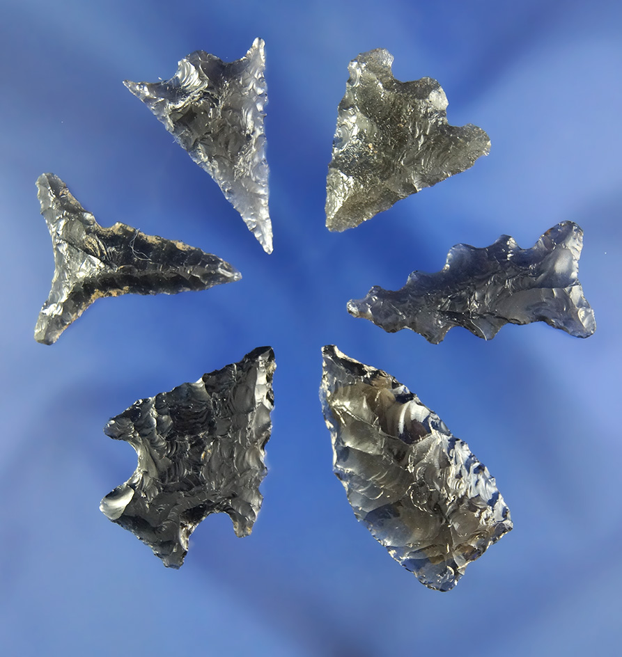 Set of six California arrowheads made from Obsidian, largest is 1 3/16".