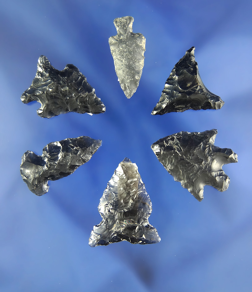 Set of six Obsidian arrowheads found in California, largest is 1".