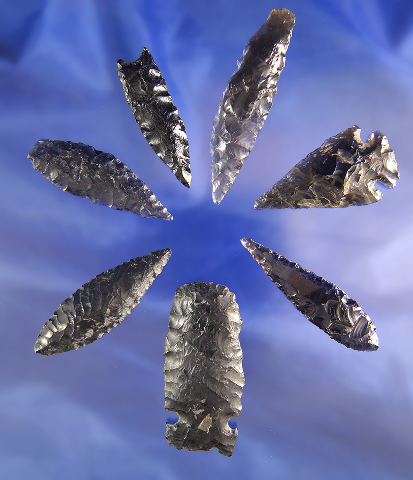 Set of seven nice Obsidian artifacts found in Oregon, largest is 2".