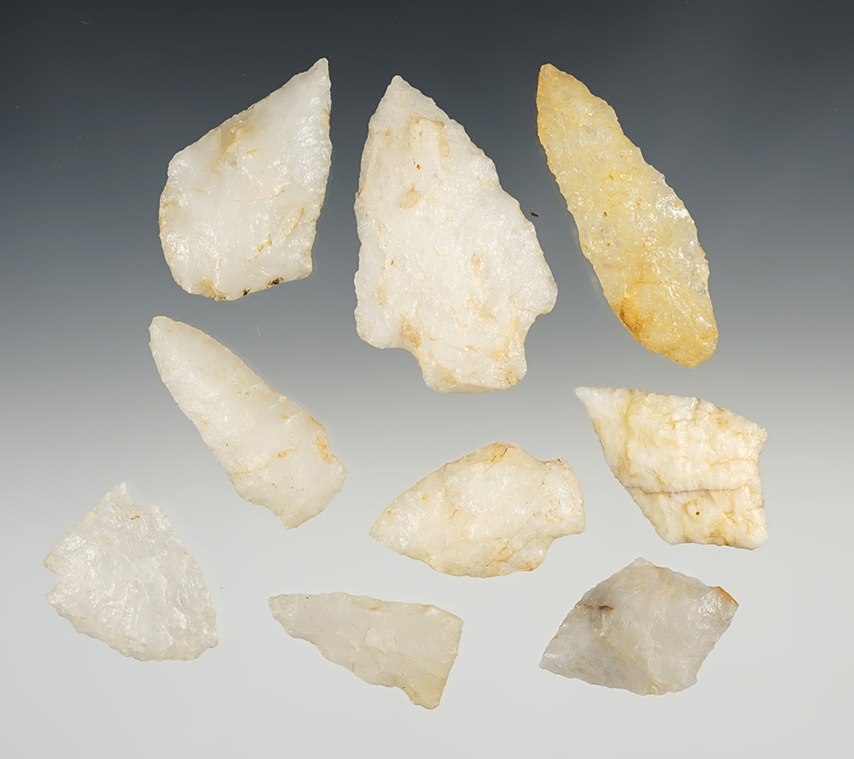 Set of 9 Quartz Points Found in East Central South Carolina. The largest is 2 5/16".