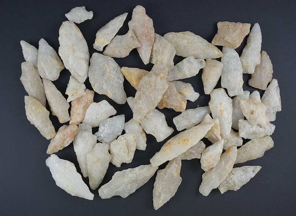 Set of 50 Quartz Arrowheads that were surface found in the Cecil Co., Maryland area.