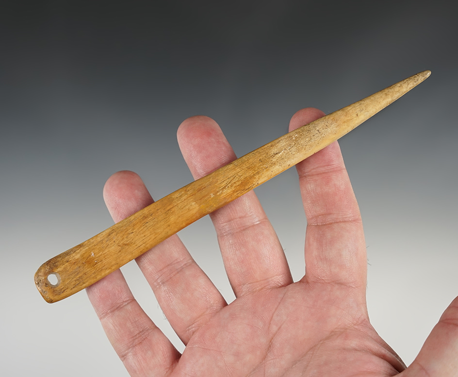 7" Bone Awl made from Deer Bone. Found in Russell Co., Virginia. Broken and restored.