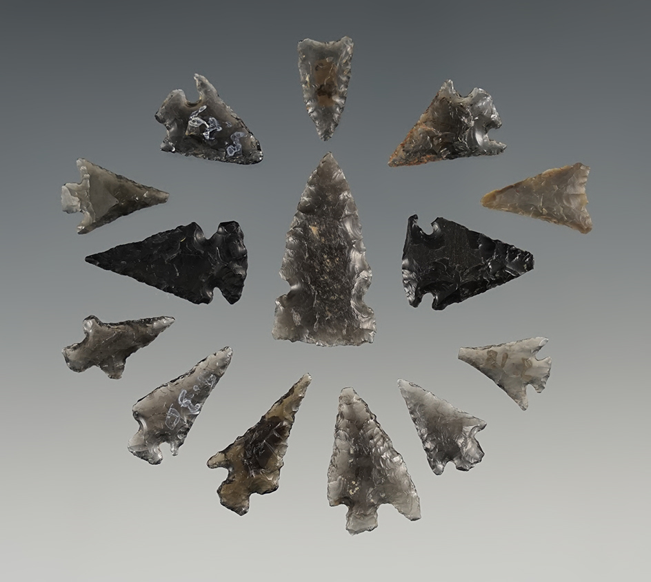 Set of 14 nice New Mexico Obsidian points. The largest is 1 1/16".