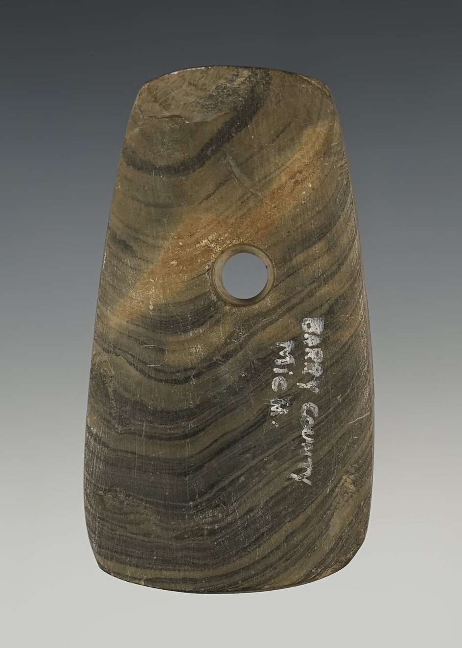 3 5/16" Banded Slate Trapezoidal Pendant found in Barry Co., Michigan. Ex. Earl Townsend.