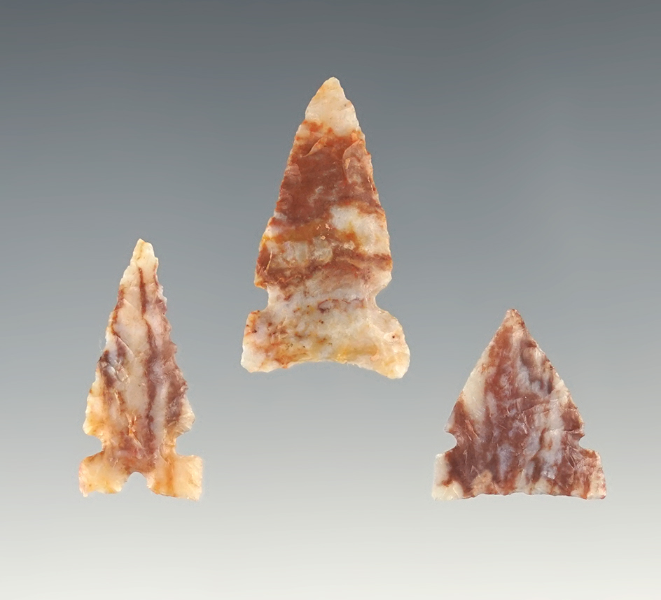 Set of 3 New Mexico Arrowheads made from colorful Alibates. The largest is 1 3/16".