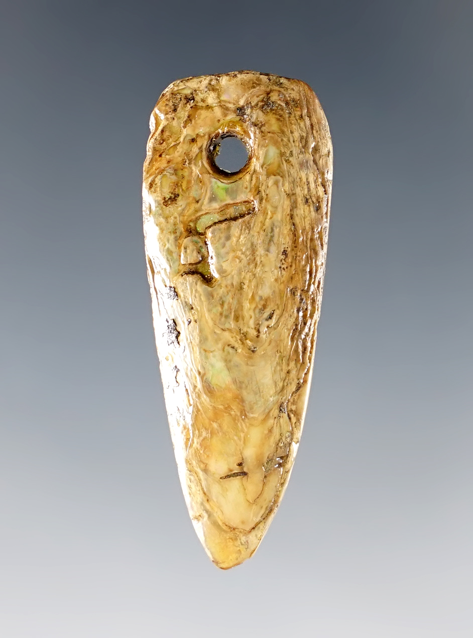 1 11/16" triangular Abalone Shell Pendant recovered in Colusa County California. Ex. Chris Ehrke. 