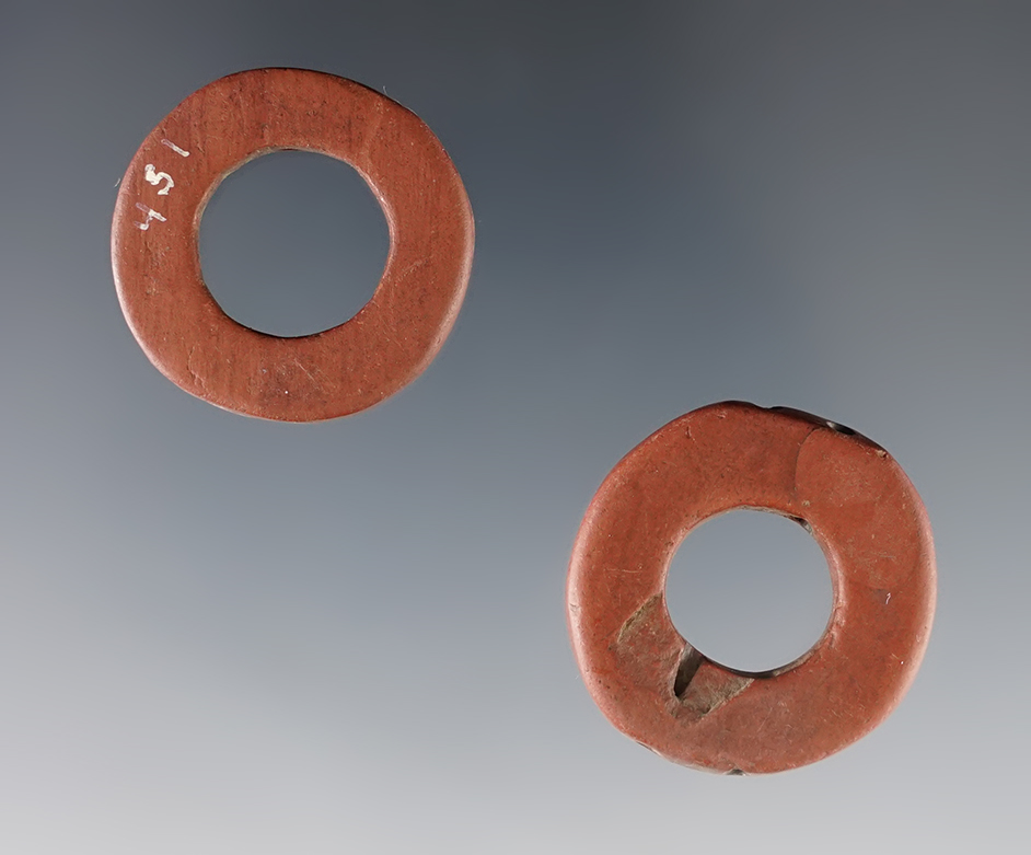 Rare style! Pair of perforated red Shell Disks - Townley-Read site, Geneva, New York. 