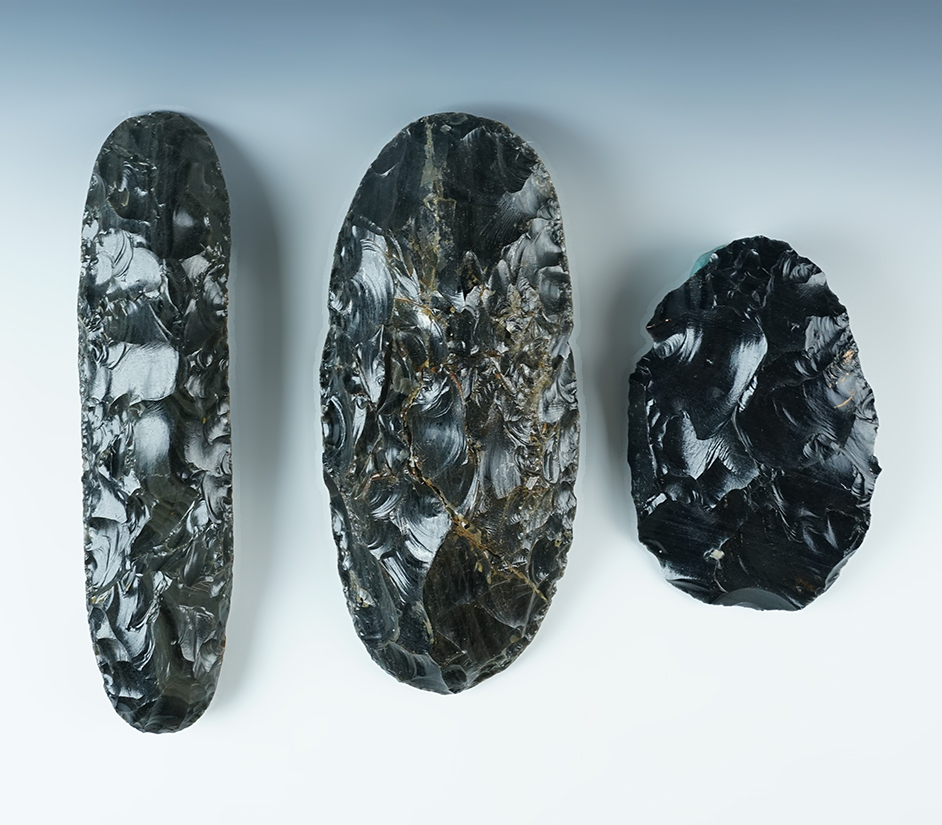 Set of 3 large Obsidian Blades found in Lake Co., California. One is broken and glued.