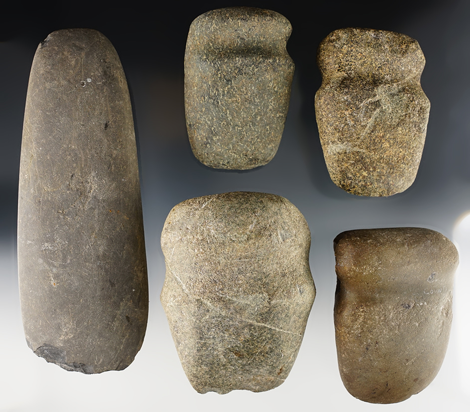 Set of 5 Stone Axes and Celt found by the Clark Family, Wabash Co., Illinois. The largest is 7 3/8".