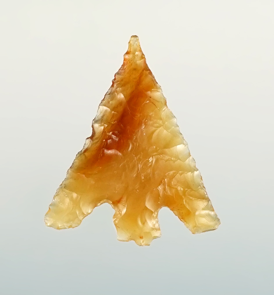 Excellent style on this 15/16" translucent agate bird point recovered in New Mexico.