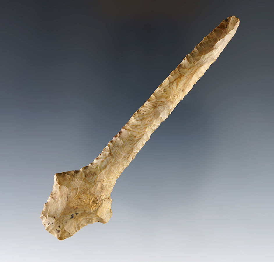 Exceptional 4 5/16" Adena Drill made from striated and colorful Dover Chert. Found in Kentucky.