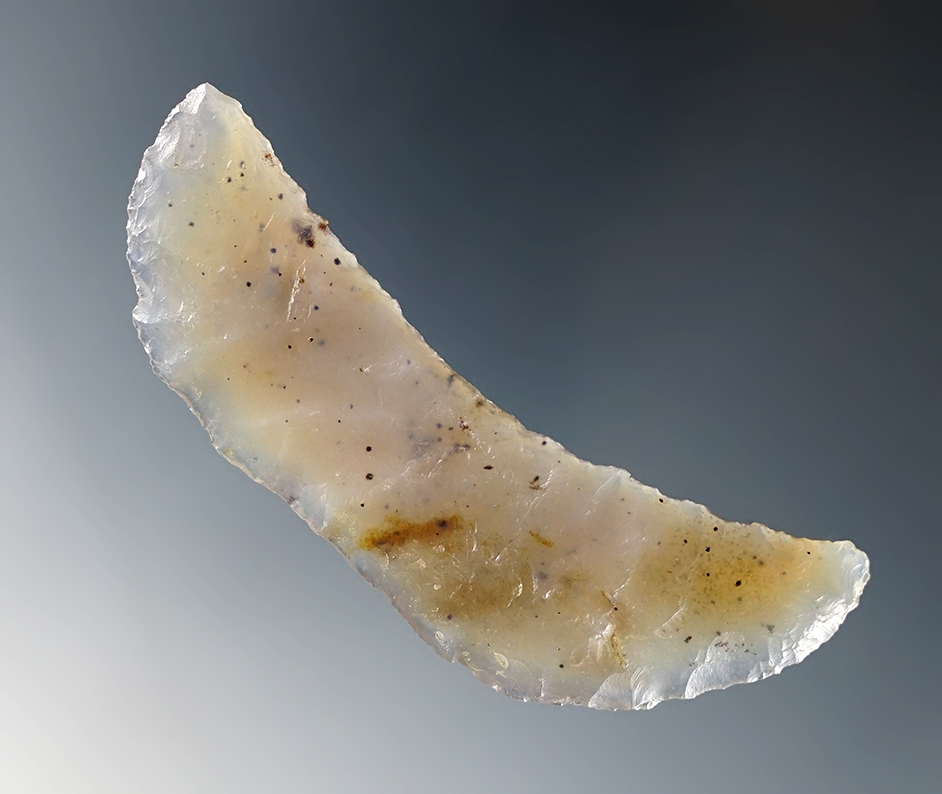 Sale highlight! Large for type, 2 7/8" wide Paleo Butterfly Crescent made from highly translucent quality Agate in perfect condition. Found in the Great Basin region of northern Nevada.