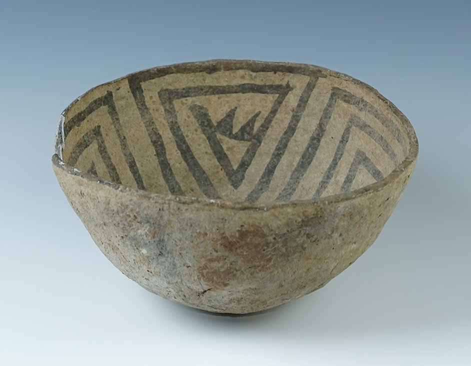 5 7/8" wide Anasazi clay bowl with original paint on interior. Solid condition w/ 1 rim chip.