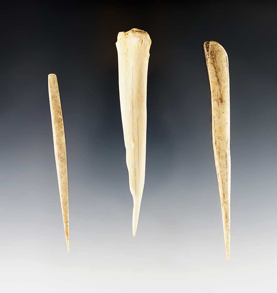 Set of 3 nice Colorado Bone Awls. The largest is 4 11/16".