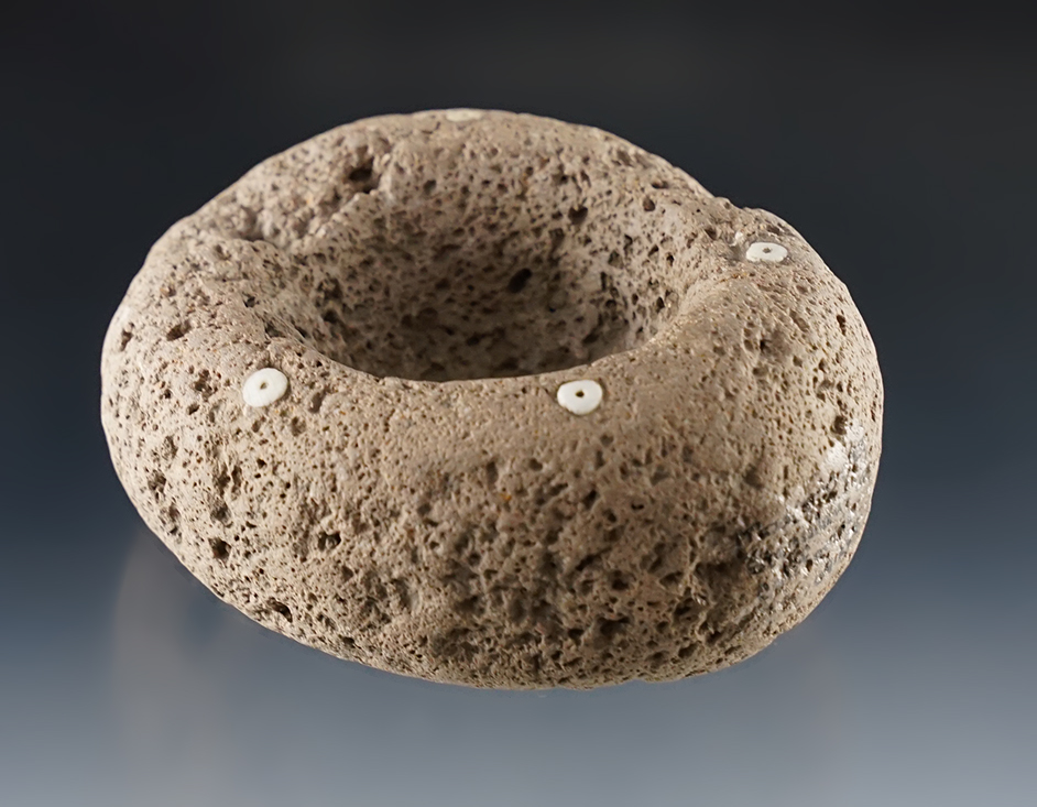 Fantastic 3 1/2" wide Pigment Mortar with original Shell Bead Inlays. Stanislaus Co., California.