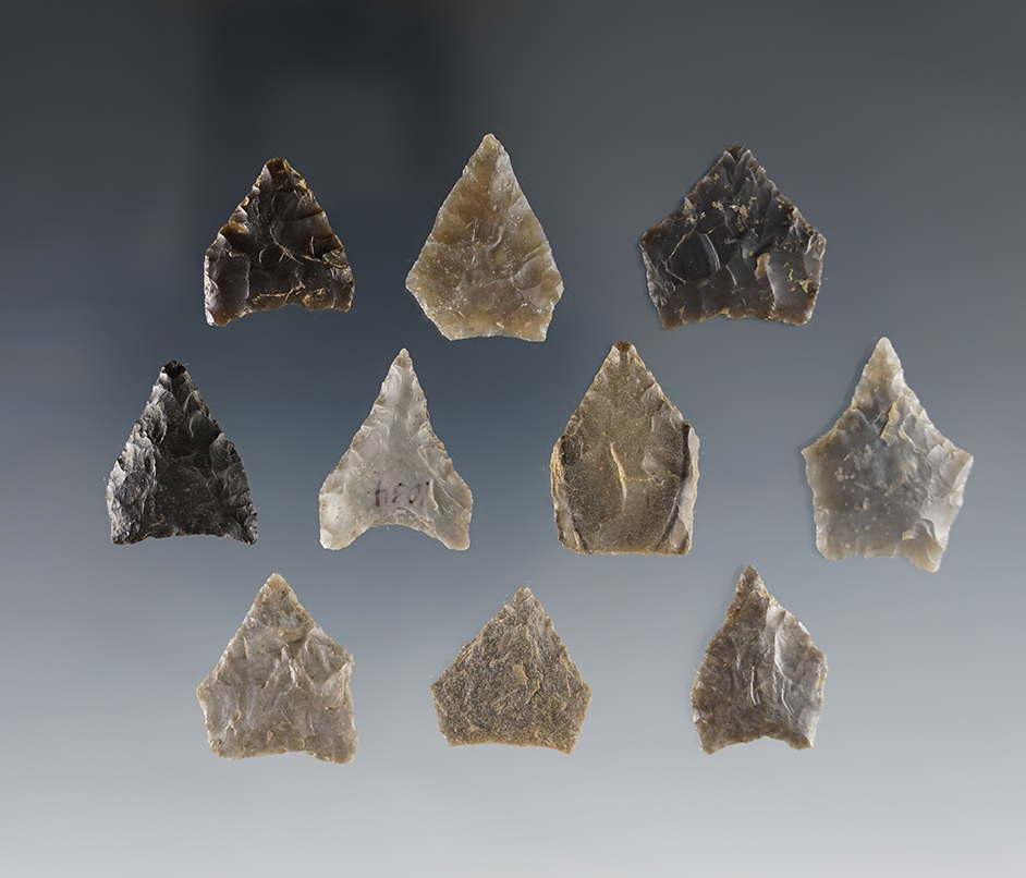 Set of 10 Intrusive Mound Pentagonal points found in the Kentucky/Tennessee area. Largest is 1".