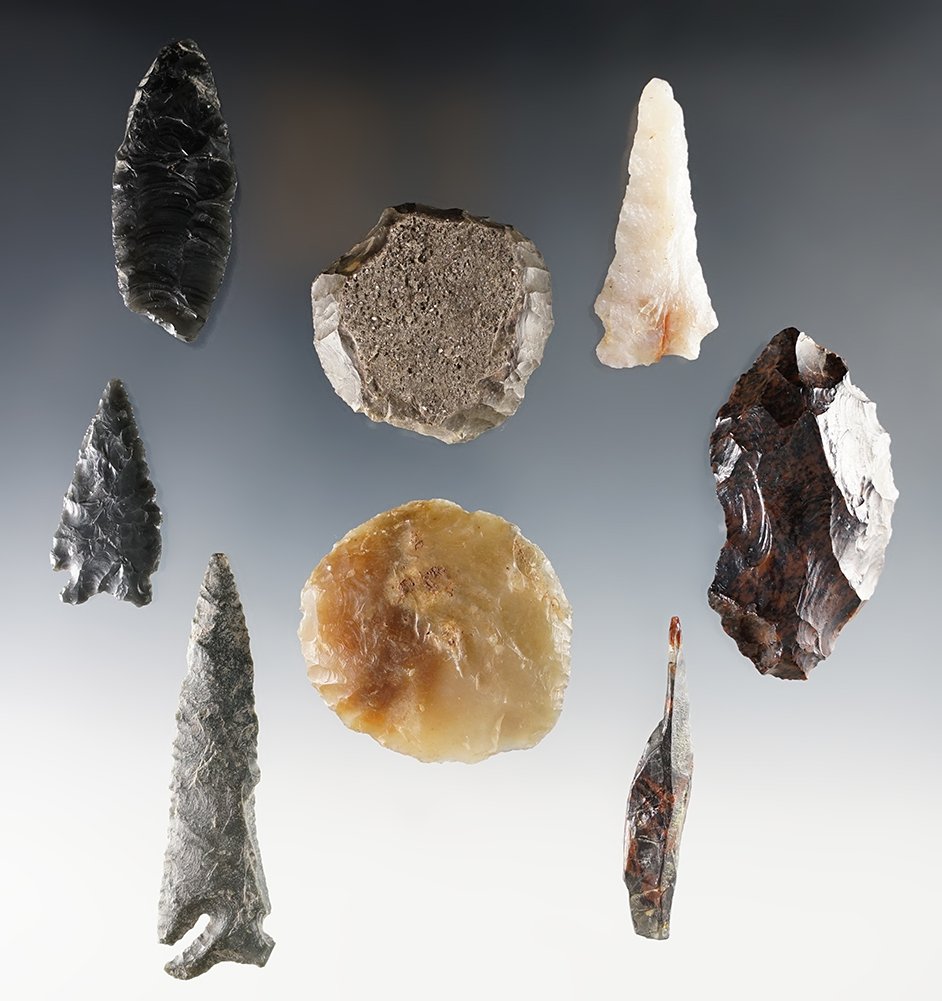 Set of assorted artifacts, most are from California. The largest is 2 13/16".