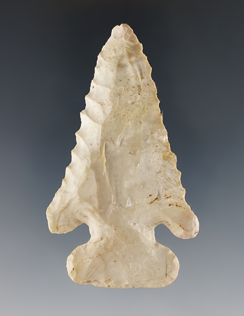 Steeply beveled 2 3/4" Thebes Point found in Missouri. Made from well patinated chert.