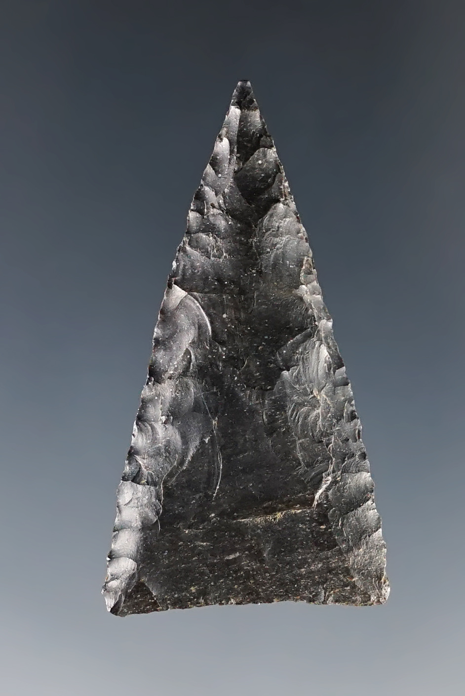 1 3/4" Triangle point with excellent flaking. Found in Illinois.