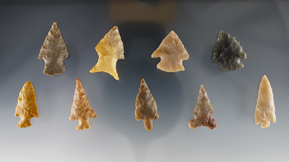 Set of 9 well made points found in the Texas, Oklahoma and Arizona area. 