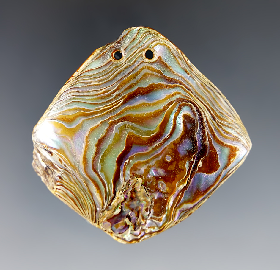 Beautiful 2 3/8" Abalone 2-hole Shell Pendant found in Colusa Co., California.