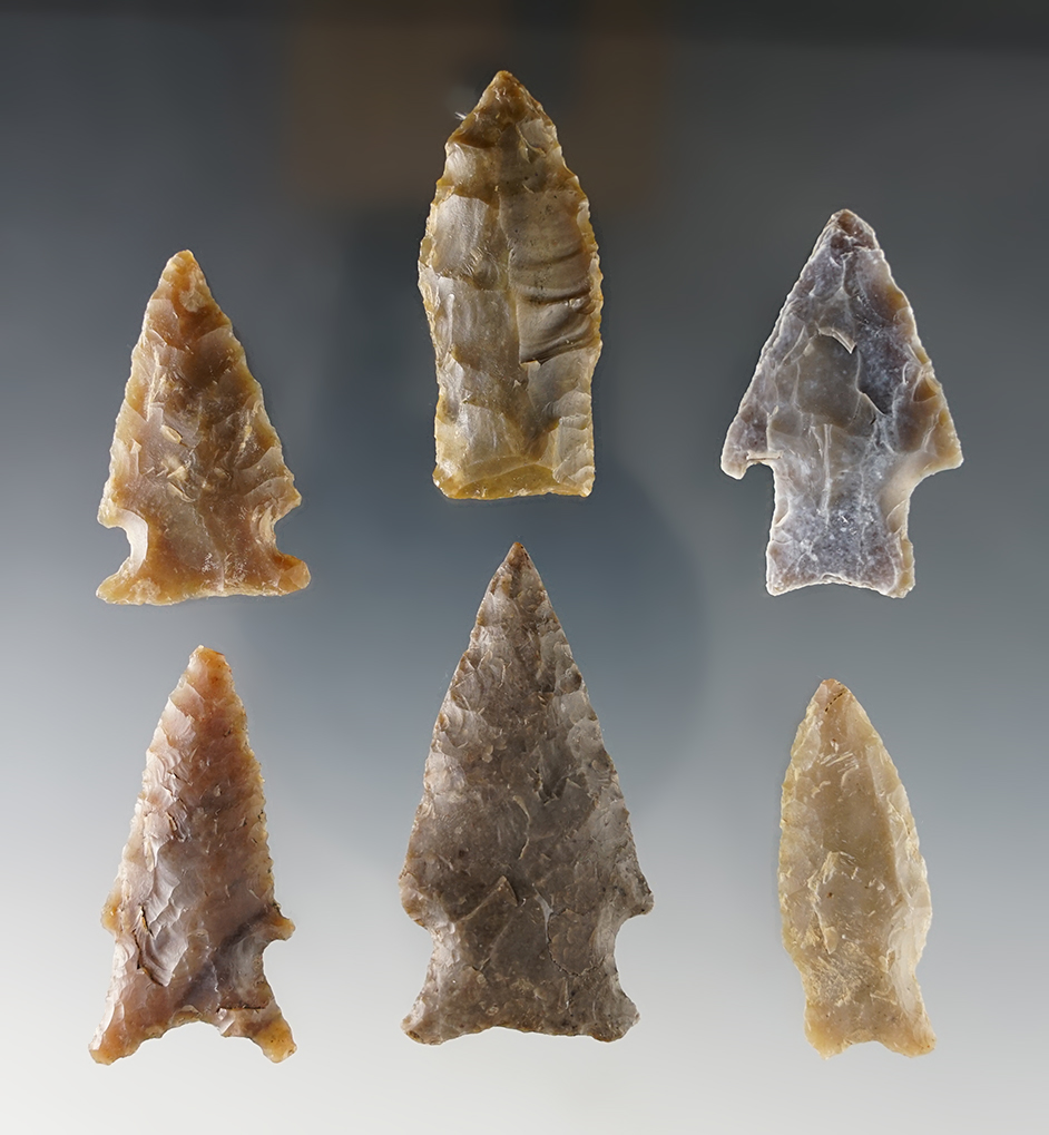 Set of 6 nicely patinated Texas points. The largest is 2 1/16".